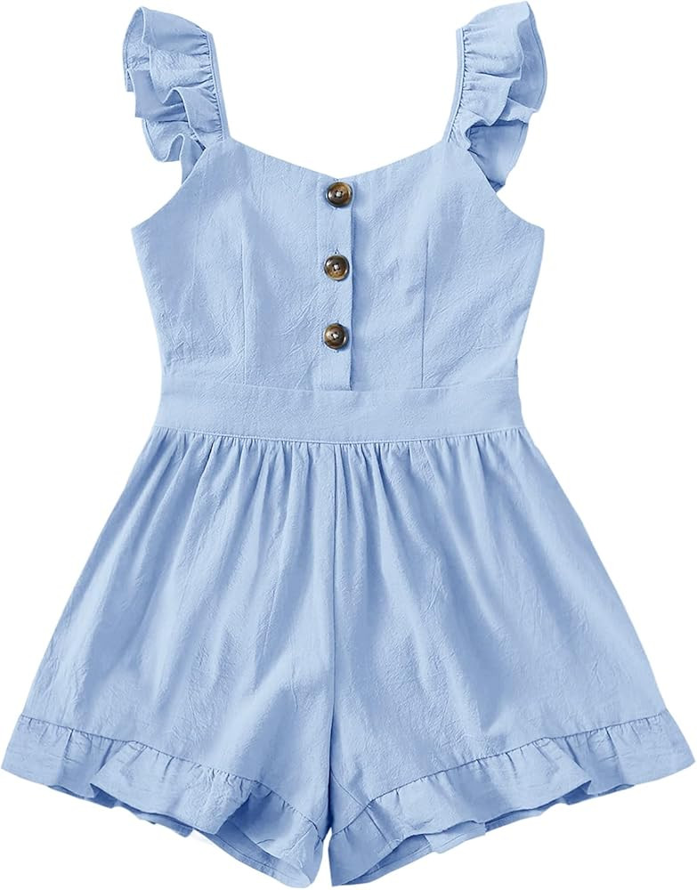 Valphsio Girls Solid Sling Jumpsuits Rompers Flutter Sleeve Button Shorts Overall | Amazon (US)