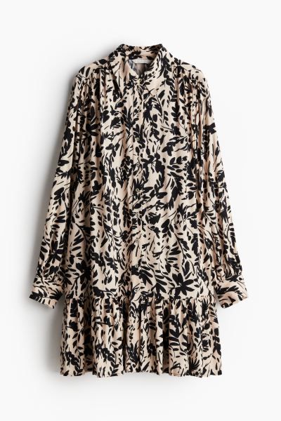 Oversized Shirt Dress - Round Neck - Long sleeve - Powder pink/black patterned - Ladies | H&M US | H&M (US + CA)