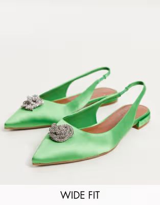 ASOS DESIGN Wide Fit Lotus embellished slingback ballet flats in green satin | ASOS (Global)