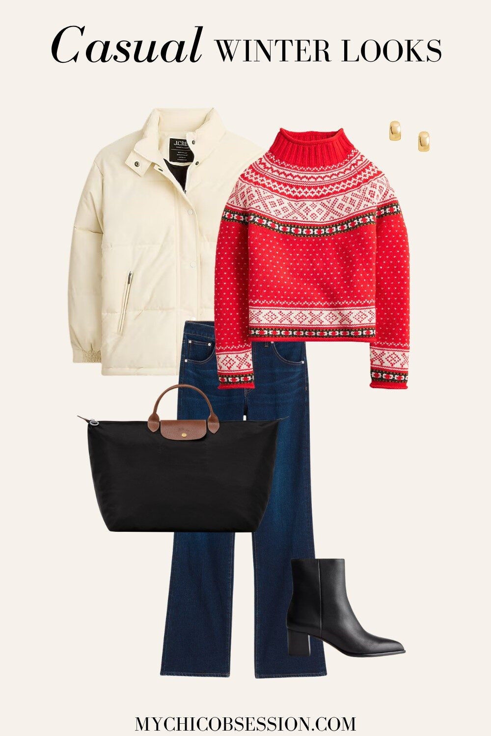 Style a cute casual look for a winter getaway this holiday season! Pair a classic Fair Isle sweater with dark-wash jeans and a puffer coat to stay warm. Accessorize with a Longchamp weekender bag, gold earrings and a pair of ankle boots to complete the look. 

 #LTKHoliday #LTKSeasonal