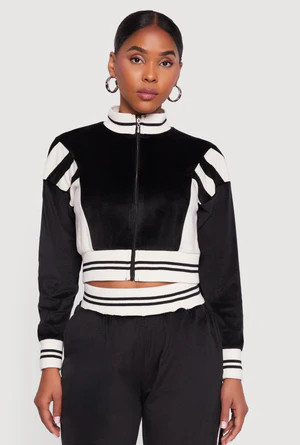 Velour Mock Neck Zip Front Top with Stripes | Rainbow Shops