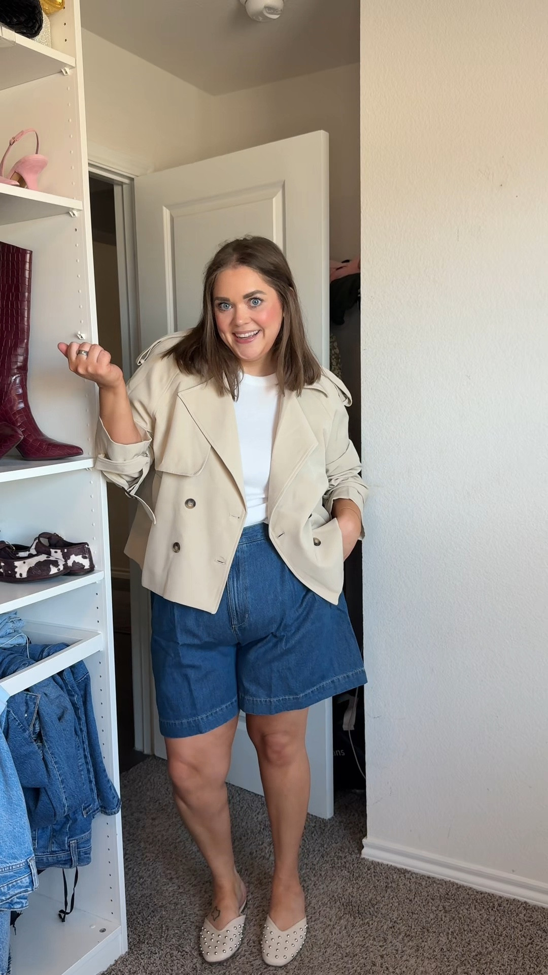 Denim shorts styling. Wearing xl in everything except xxl in cropped trench jacket! Spring outfit idea mid size plus size  

#LTKPlusSize #LTKMidsize #LTKootd