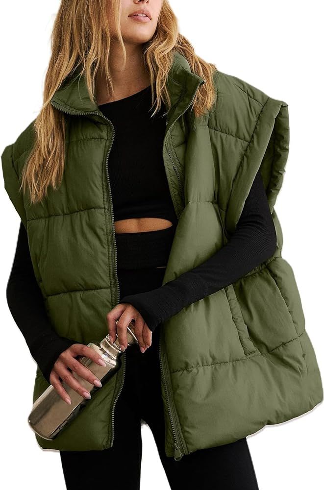 Kalumila Women's Oversized Puffer Vest Winter Stand Collar Puffy Vests Outerwear Quilted Jackets ... | Amazon (US)