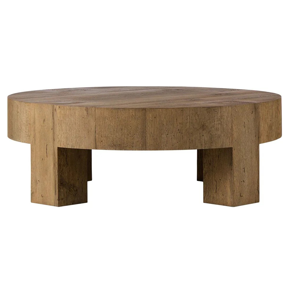 Oliver Rustic Lodge Brown Oak Round Coffee Table | Kathy Kuo Home