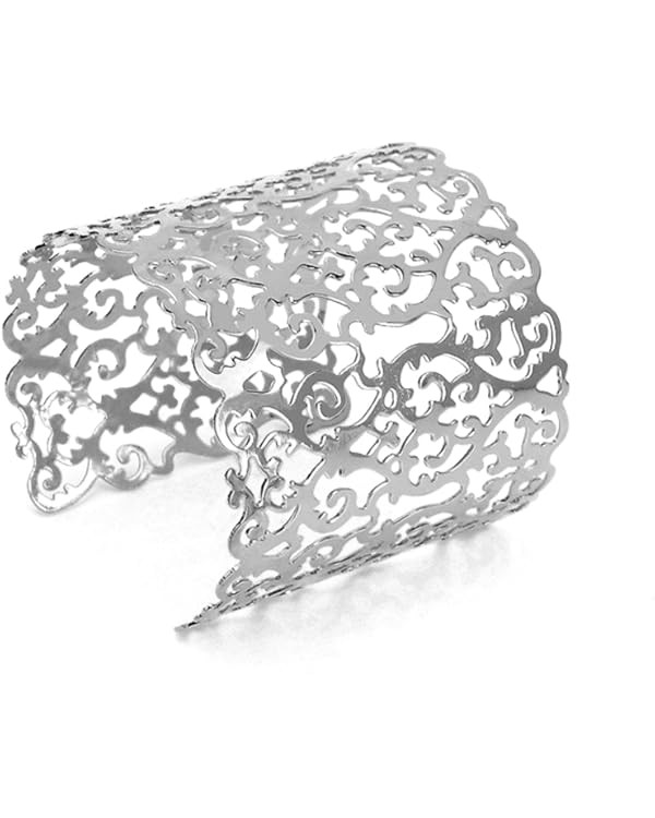 Yueton Metal Circle Artistic Hollow Flower Pattern Open End Cuff Bangle Bracelet (Silver) | Amazon (US)