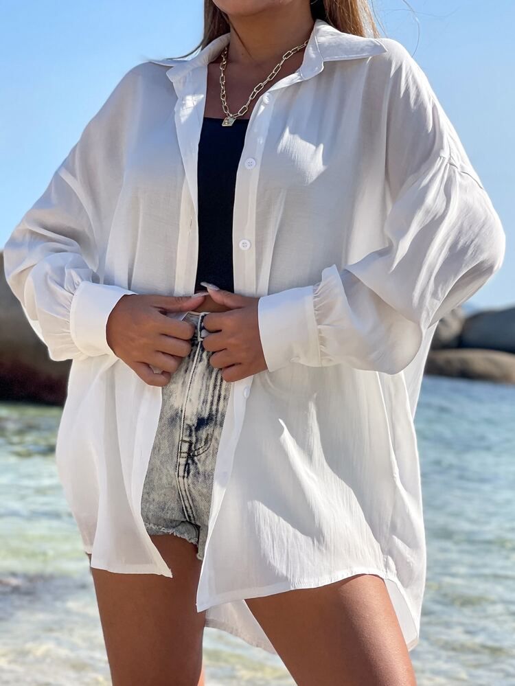 Drop Shoulder Button Up Oversized Shirt | SHEIN