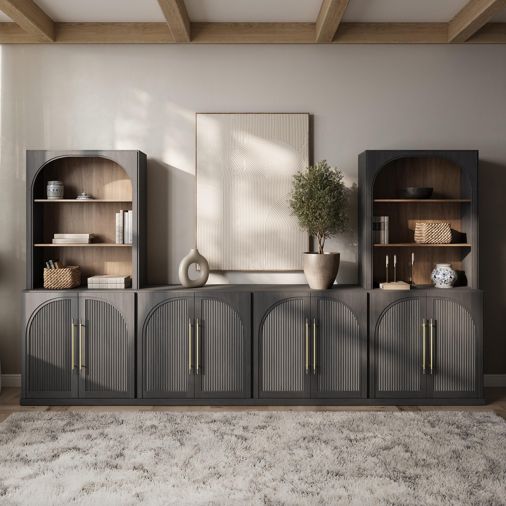 BELLEZE 6-Piece Modular TV Stand, Entertainment Center with Double-Arc Wood Door and Storage Hutc... | Amazon (US)