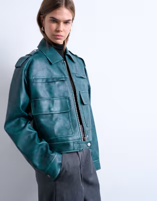 Topshop faux leather heavy washed zip up jacket in teal | ASOS (Global)