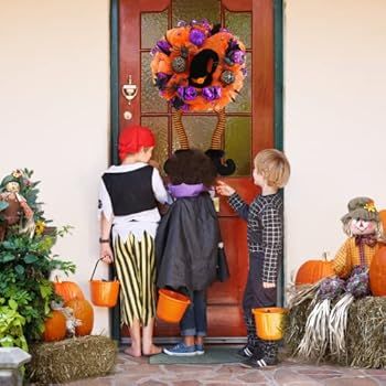 Halloween Wreath Decorations for Front Door - 18 Inch Hocus Pocus Decor with Witch Hat Legs Pumpk... | Amazon (US)