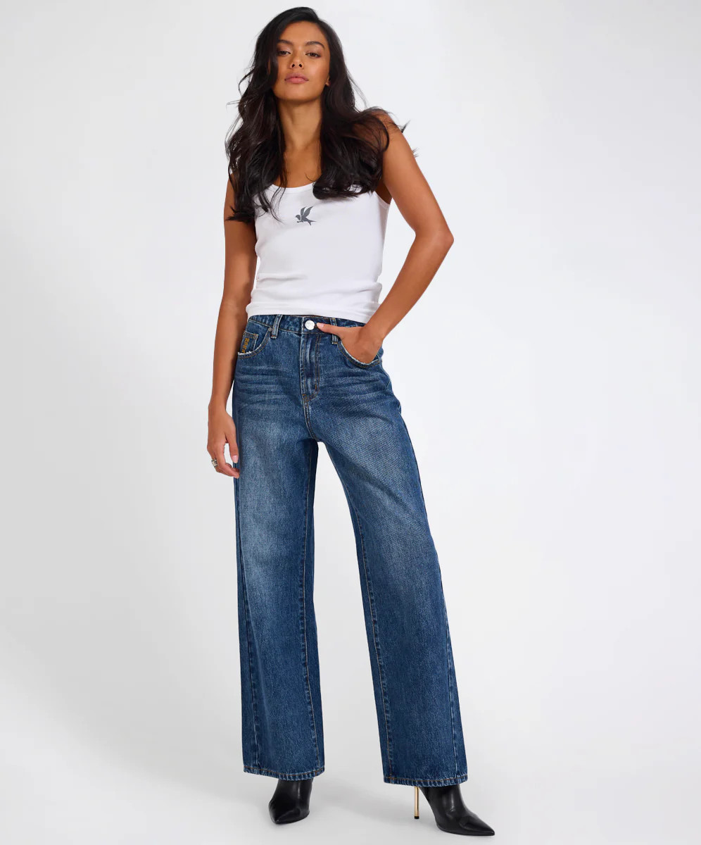 Baxters Mid Waist Wide Leg Denim Jeans - Blue Love | One Teaspoon | OneTeaspoon