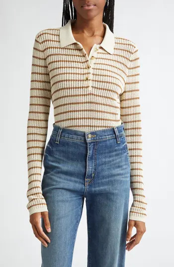 rag & bone Viola Stripe Long Sleeve Polo Sweater in Ivorymult at Nordstrom Rack, Size Medium | Nordstrom Rack