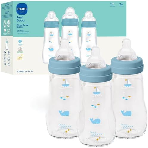 MAM 9oz Pure Glass Feel Good Anti-Colic 2+ Months Baby Bottle, 3 Pack, Boy | Amazon (US)