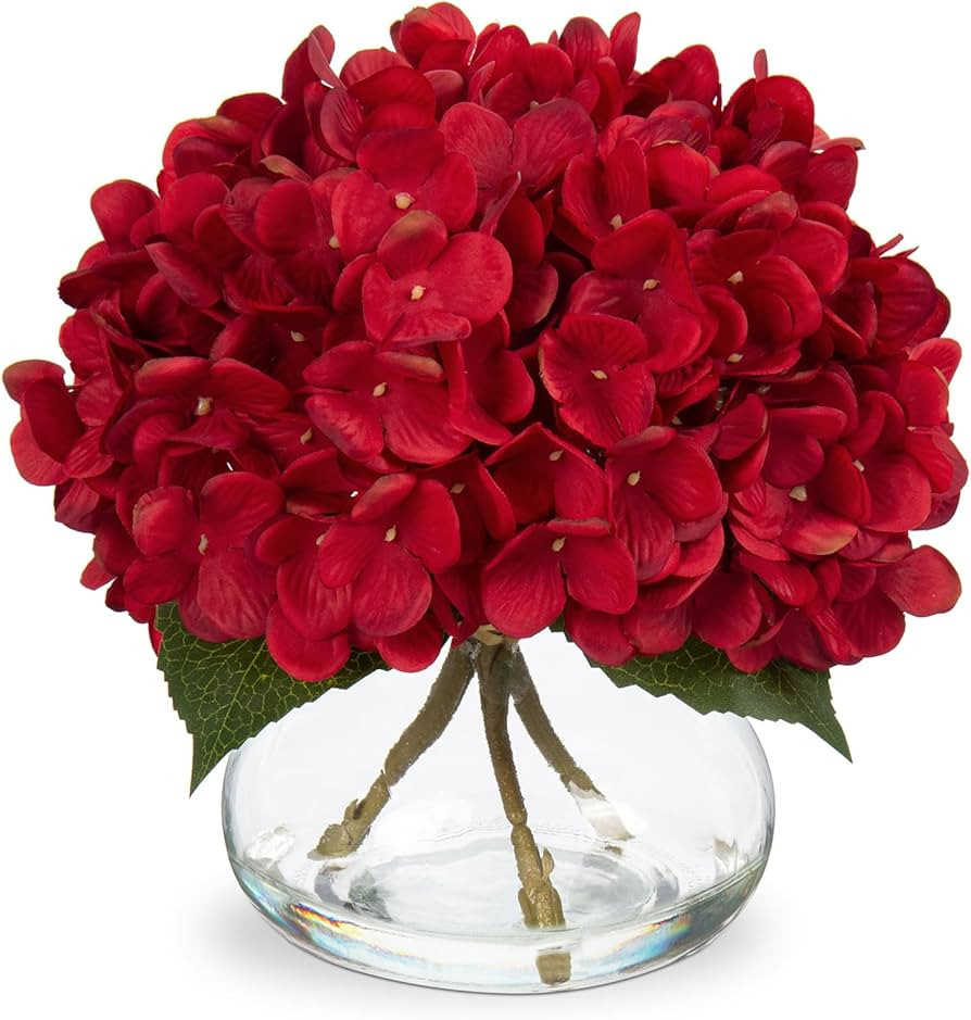 Hollyone Hydrangea Artificial Flowers in Vase Red Silk Fall Fake Flowers Arrangements with Glass ... | Amazon (US)