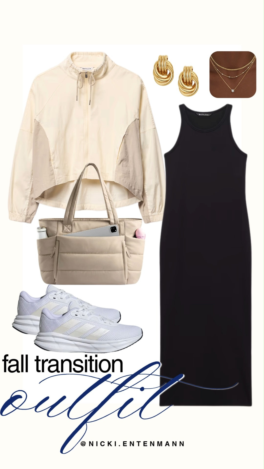 Transition into cool weather effortlessly with this sporty chic fall outfit idea. A sleek black midi dress layers under a cream zip up windbreaker, finished with white sneakers, puffer tote, and gold jewelry for everyday athletic vibes. #falltransition #falloutfits #athleisure #casualstyle #everydayfashion #outfitinspiration #sportychic #capsulewardrobe #shoppinghaul #modernliving 🍂👟👜 

 #LTKootd #LTKSeasonal #LTKSaleAlert
