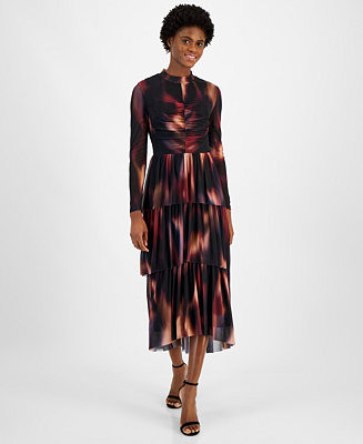 Women's Printed Mock Neck Tiered Midi Dress | Macy's