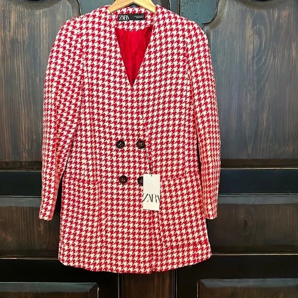 NWT Zara Red Houndstooth Coat Size XS | Poshmark