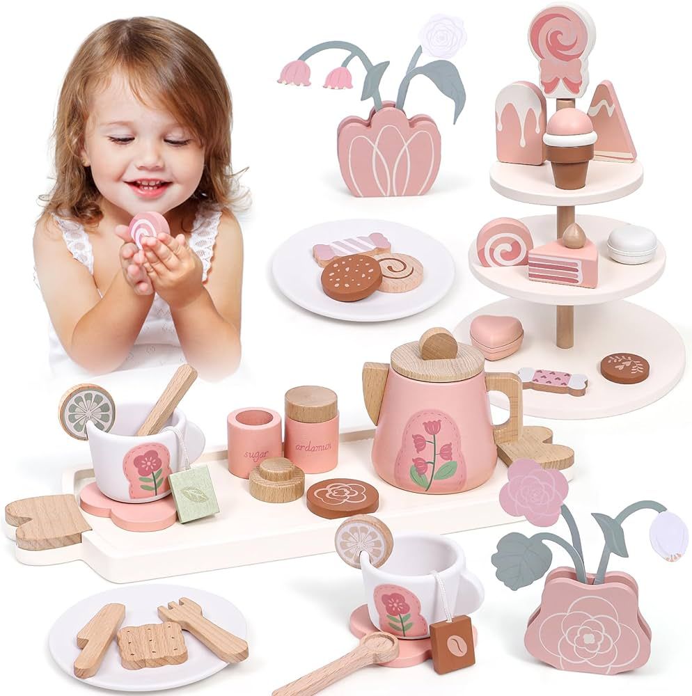 Atoylink Wooden Tea Party Set for Little Girls 46 Pcs Toddler Tea Set Wooden Toys with Cupcake St... | Amazon (US)
