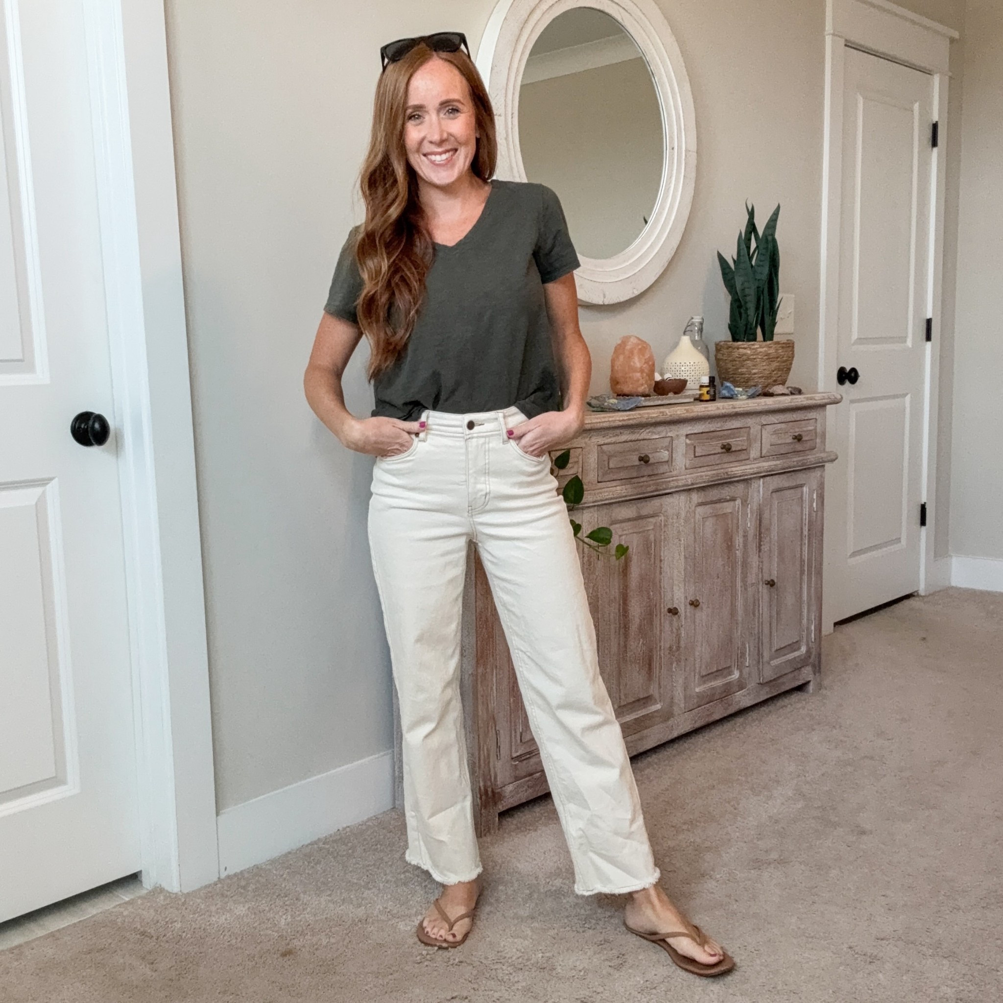 The cutest off white jeans! Ankle length, loose through the leg, rise comes to my belly button. Off white, with camel stitching, raw hem at ankle. Cotton and 1% spandex so has some stretch. Comes in a few different colors, I got my normal size. 

#LTKStyleTip #LTKOver40 #LTKSeasonal