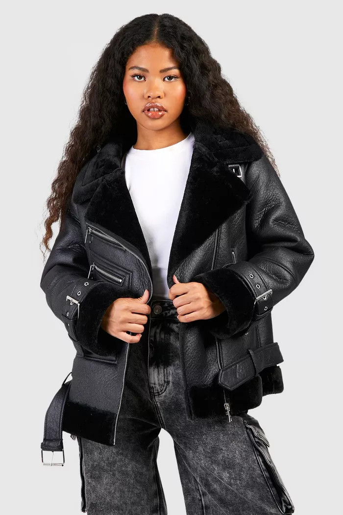 Petite Faux Fur Trim Aviator Jacket | boohoo (US & Canada)