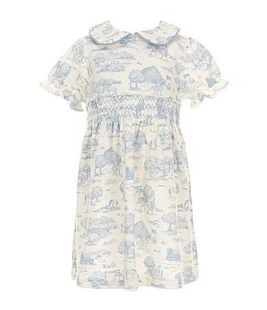 Edgehill Collection Little Girls Smocked Toile Peter Pan Collar Cap Sleeve Dress - 2T | Dillard's