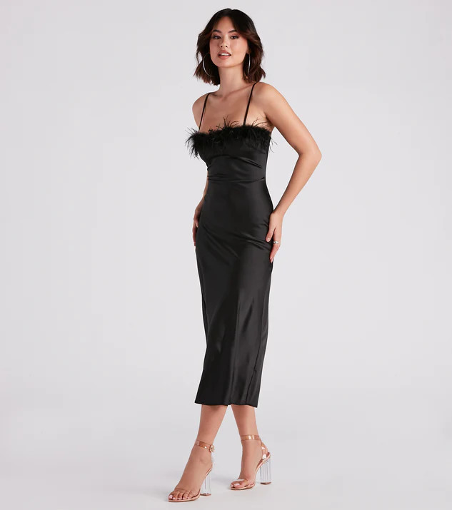 Lizzy Feather Trim Satin Slip Dress | Windsor Stores
