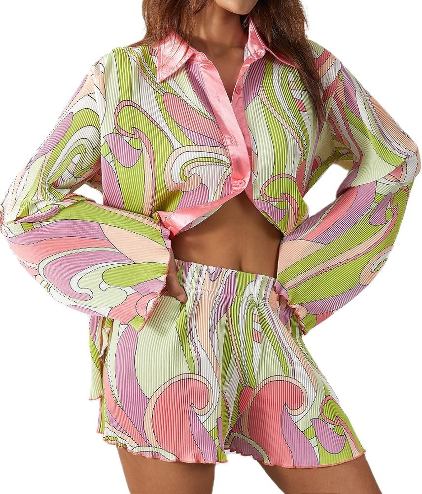 NUFIWI Women Y2K 2 Piece Pants Set Oversized Floral Printed Button Down Shirt High Waist Pants Ou... | Amazon (US)