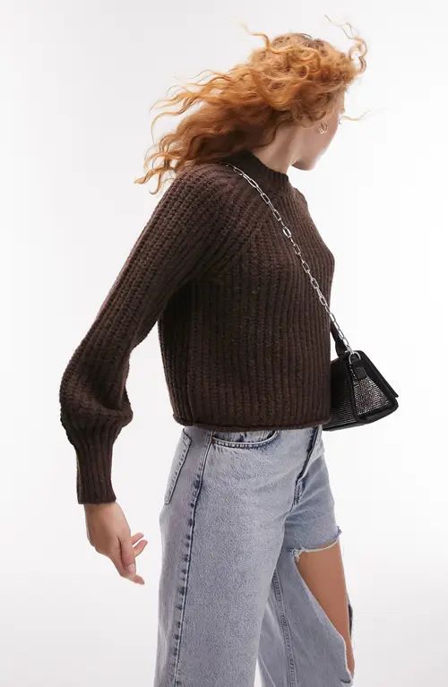 Topshop Balloon Sleeve Crop Sweater in Brown at Nordstrom, Size Large | Nordstrom