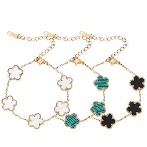 18K Gold Plated Four Leaf Clover Bracelet 3PC Lucky Clover Bracelets Set for Women Adjustable Cute Fashion Flower Bracelets Christmas Birthdays Holidays Jewelry Gifts (Black+White+Green) | Amazon (US)