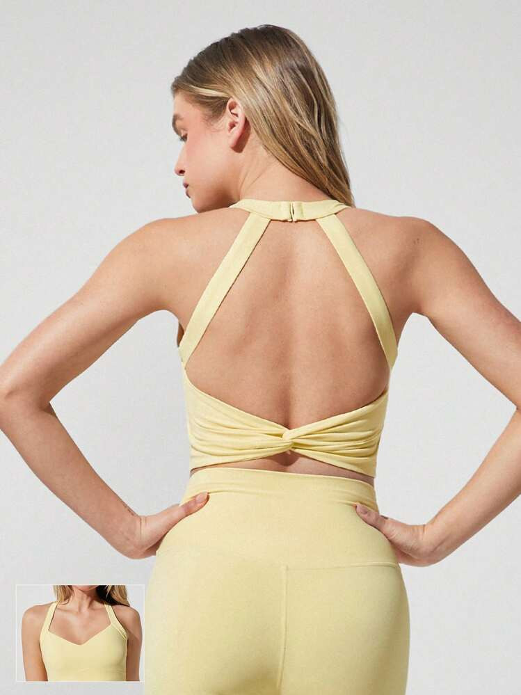 GLOWMODE FeatherFit™ See You Around Halter Backless Sports Bra Light Support Low Impact Yoga | SHEIN