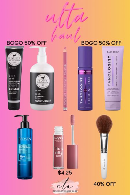 ULTA haul!!
BOGO 50% off of tanologist so I ordered some gradual tan hydrating lotion and extra dark tan mousse that I’ve seen on tiktok recently!! 
I will let y’all know how I like it!
BOGO 50% off Dionis too, I grabbed these for my man so hopefully he likes them!
He told me he wanted some lotion so I figured I would have him try this! 
The NYX gloss is under $5 so I had to order, especially for summer coming up! 
Speaking of summer, go check out my “HOT GIRL SUMMER” products tab! You will love it!

#ulta #beauty #redken #heatprotectant #sale #steal #BOGO #gloss #summer #nomakeupmakeup #brush #face #lotion #tan #selftan #mousse #lippencil

#LTKsalealert #LTKbeauty #LTKSeasonal