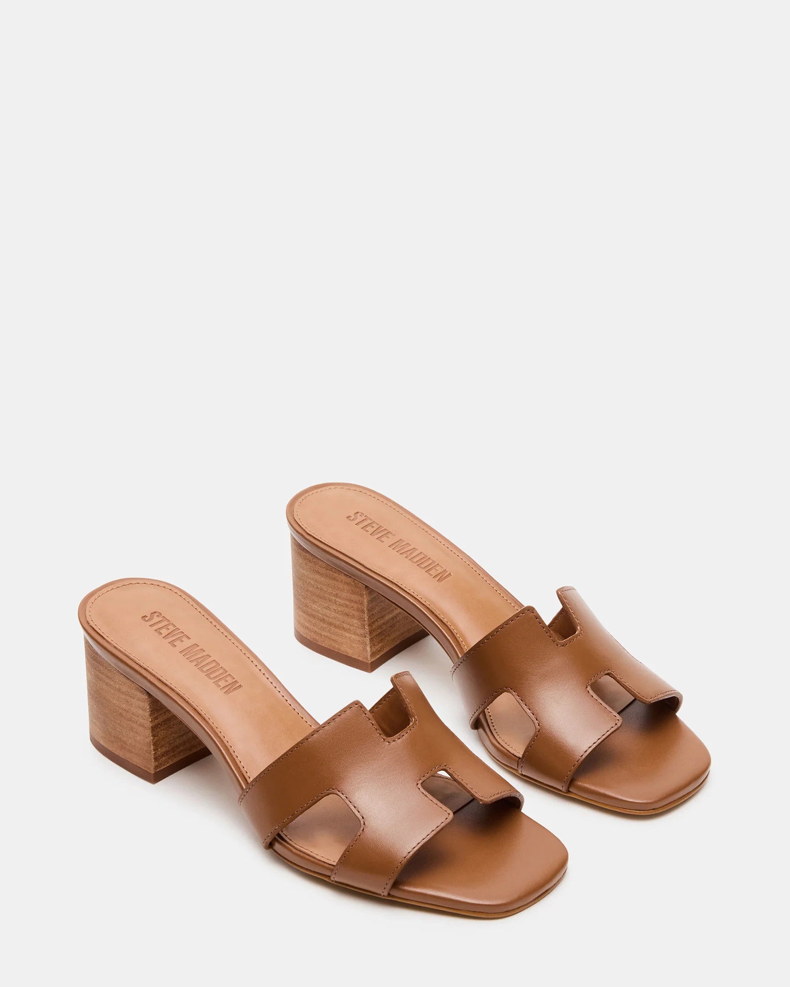 HANA Cognac Leather Square-Toe Mule Block Heel Women's Sandal | Steve Madden (US)