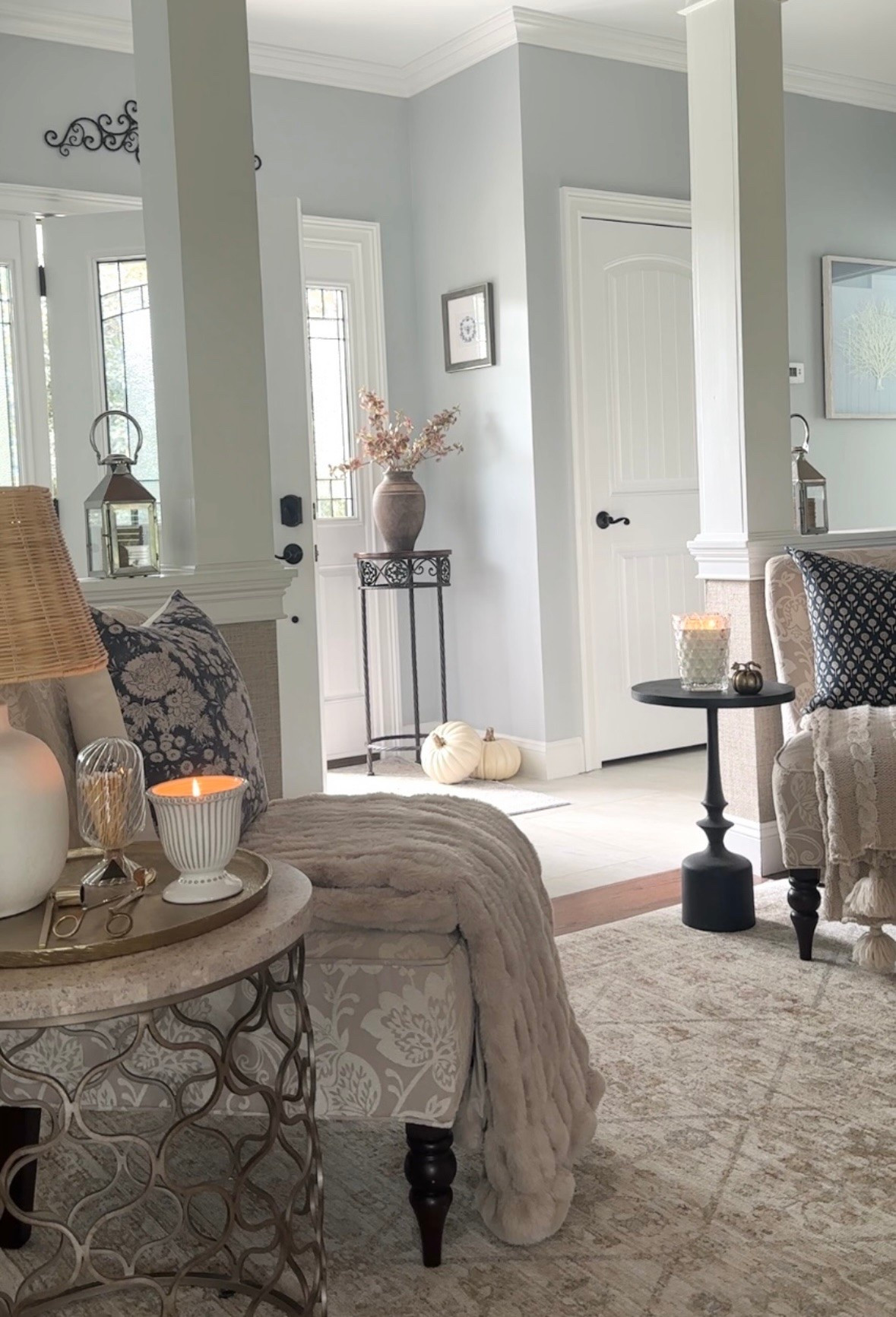 Fall entryway! Area rug on Amazon Prime Early Deals! Fall candles, vase, blue throw pillows, stems, cozy throw blankets, pumpkins & more!

#LTKdayinmylife #LTKHome #LTKSaleAlert