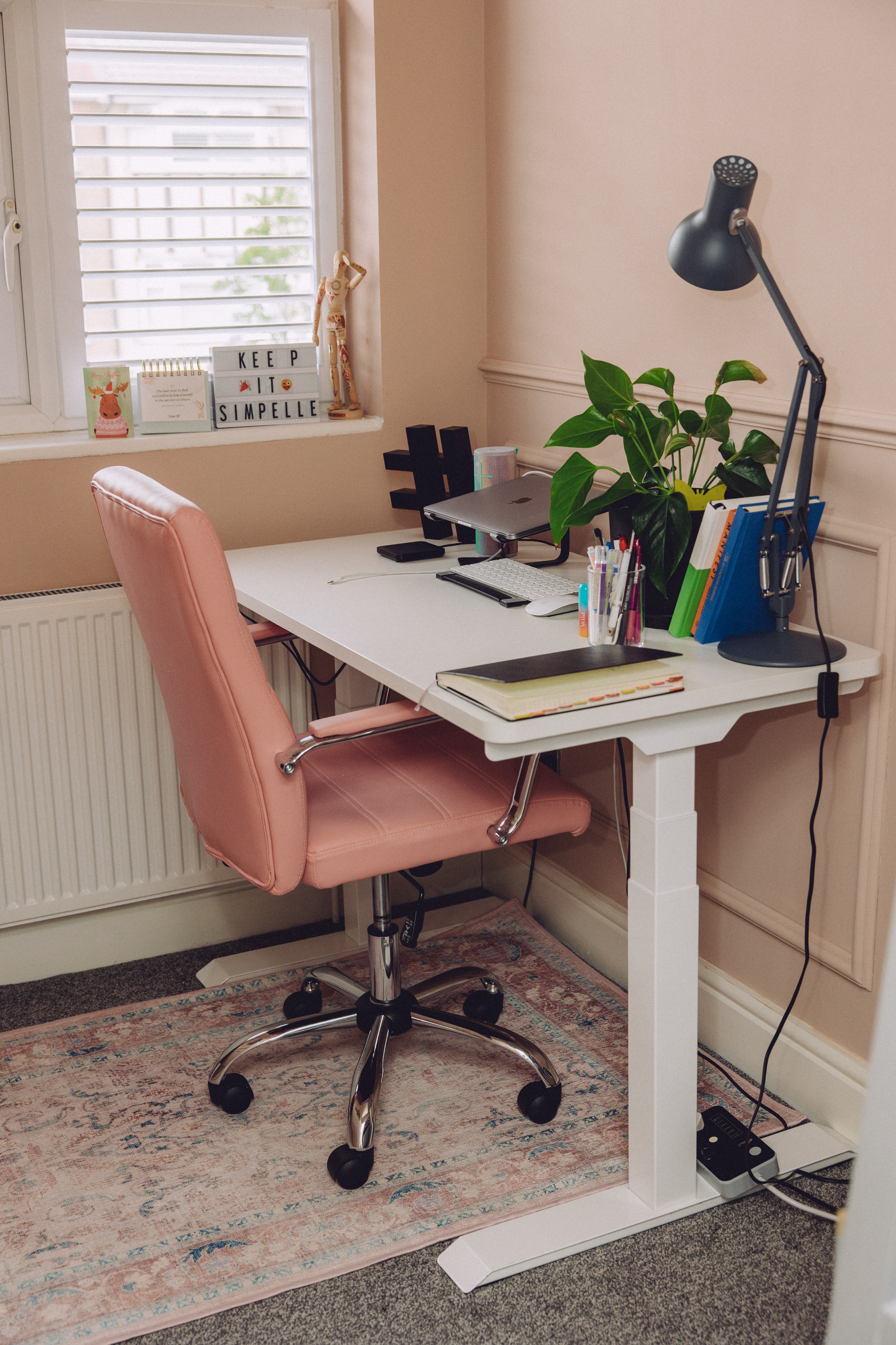 Home office, standing desk, sit stand desk, white desk, pink accents, gold accents, office chair



#LTKhome #LTKuk