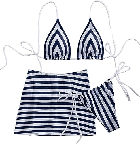 MakeMeChic Women's 3 Piece Summer Swimsuit Striped Micro Mini Bikini Set with Beach Cover Up Skir... | Amazon (US)