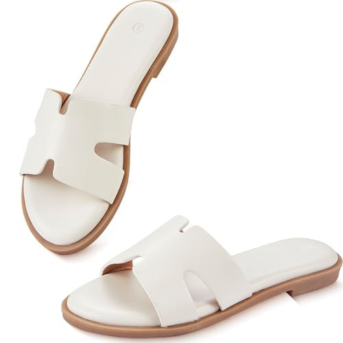 YTSKJ Womens Dressy Flat Sandals Round Open Toe Slides Casual Comfortable Cute Slip On Leather Shoes Summer Sandals for Women 2026 Beige Size 7 | Amazon (US)