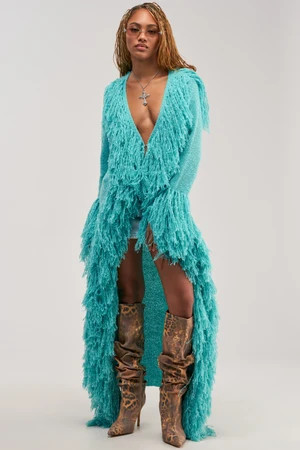 AKIRA Burrr It's Cold Outside Fringe Oversized Sweater In Turquoise | Size Small/Medium | AKIRA