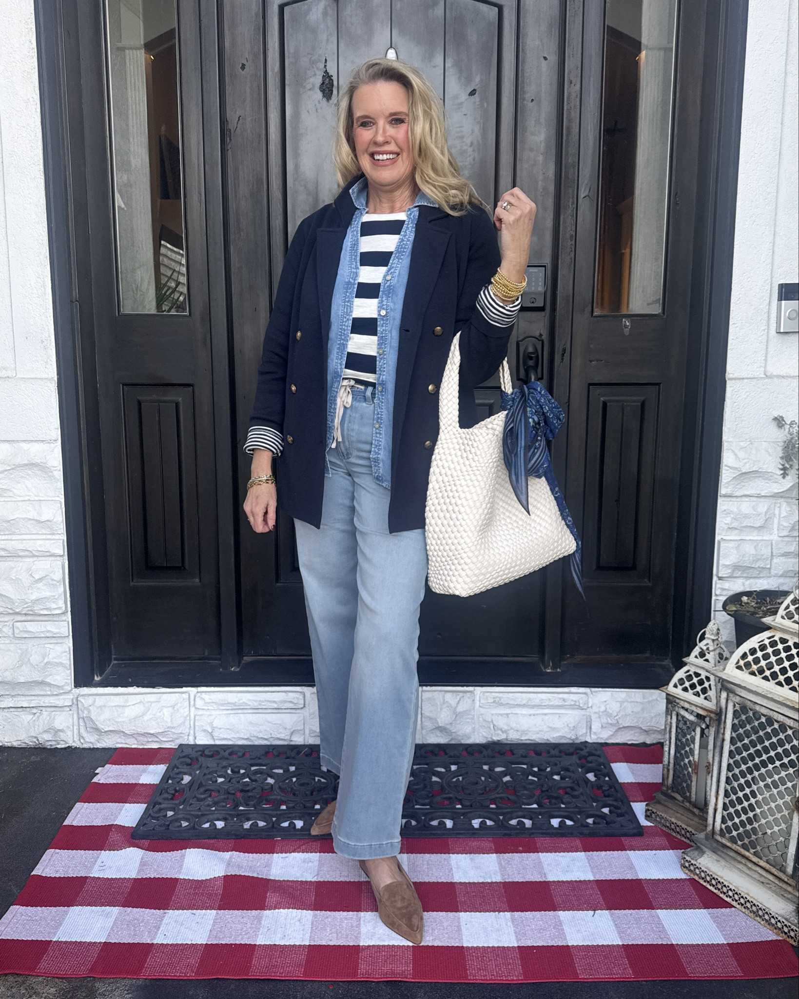 J JillNew Spring Arrivals 

I am loving these great Wardrobe builders for spring but you will wear for years to come & year round.

Bold navy and white stripe long sleeve light weight tee  fits tts in a small

The perfect denim button up shirt  fits tts in small 

Straight leg denim jeans light wash and on trend tie waist detail but doesn’t zip & button 
Tts in the size small (6)

Loving this knit double breasted gold button blazer tts in a small

Suede pointed toe slip on shoe 

Blue printed scarf 

Woven tote -

#LTKOver40 #LTKWorkwear #LTKootd