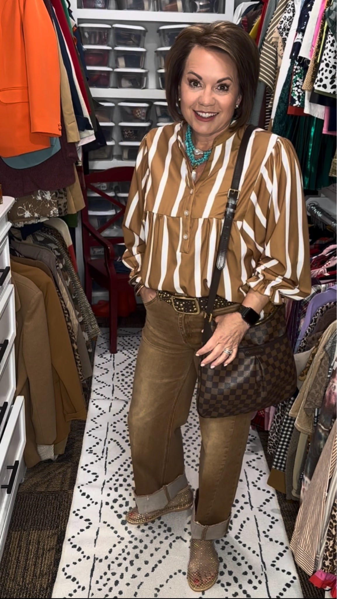 Okay but can we talk about these SHOES for a second?! 🤎✨
They are such a fun designer-inspired find if you love the look but don’t want to make the big investment. Comfortable, sparkly, eye-catching, and the perfect way to elevate a casual outfit.

I styled them with caramel pair of jeans, a striped blouse, layered turquoise jewelry, and a classic checkered bag for an effortless chic look that got so many compliments when I wore it out! This outfit feels trendy and timeless all at once — which is my favorite combination.

If you love affordable fashion finds, elevated casual outfits, statement shoes, Amazon fashion, midlife style inspiration, neutral outfits, chic everyday looks, comfortable fashion, over 40 style, over 50 fashion, wearable trends, closet staples, polished casual outfits, and designer-inspired accessories… this one is for you! 🤎✨

#LTKgrwm #LTKootd #LTKOver40