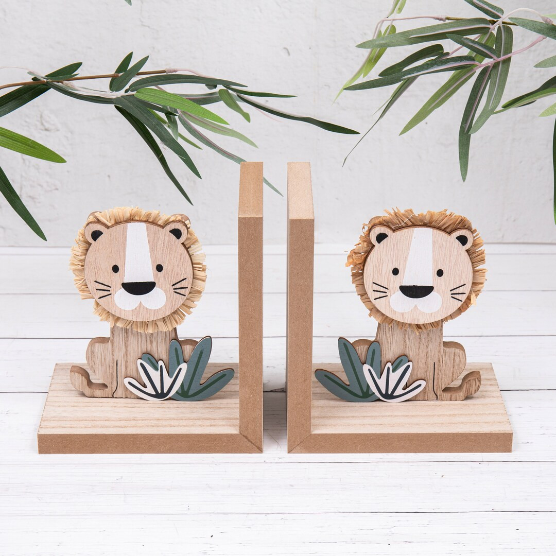 Baby Lion Wooden Safari Jungle Childrens Bookends Animal Nursery Bedroom Decor | Etsy (US)