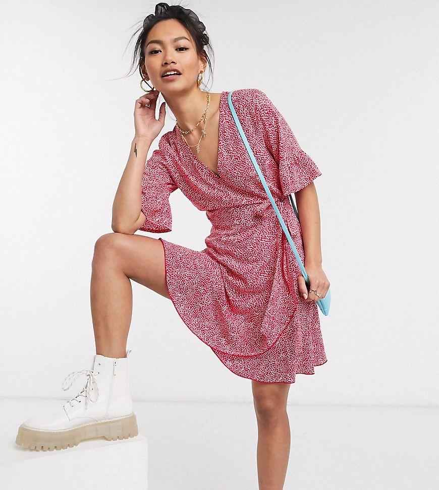 Wednesday's Girl mini wrap dress with frill sleeves in ditsy spot-Red | ASOS (Global)