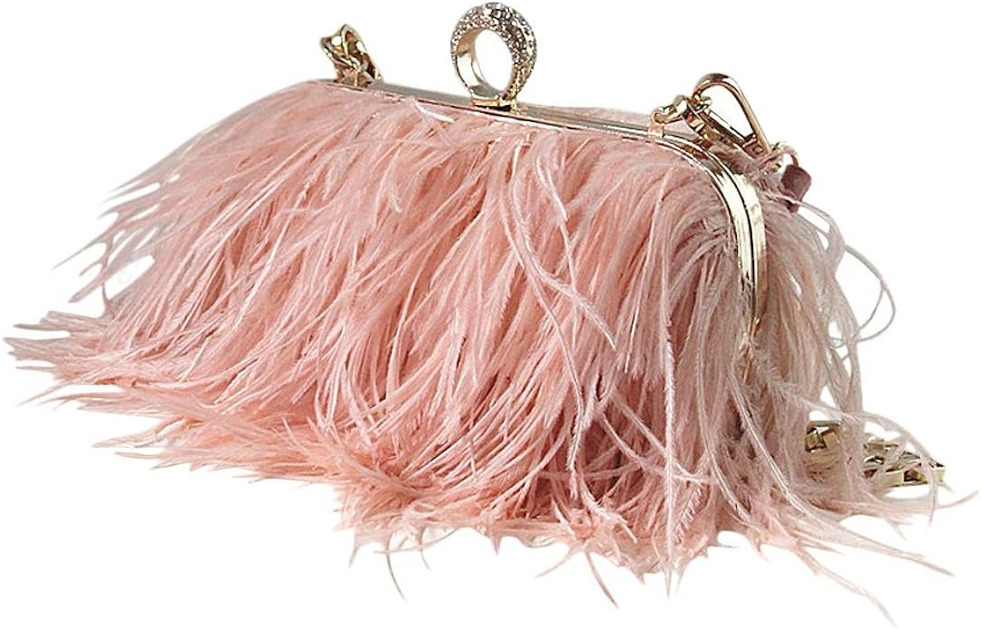 Zakia Real Natural Ostrich Feather Evening Clutch Shoulder Bag Party Bag (A-Pink): Handbags: Amaz... | Amazon (US)