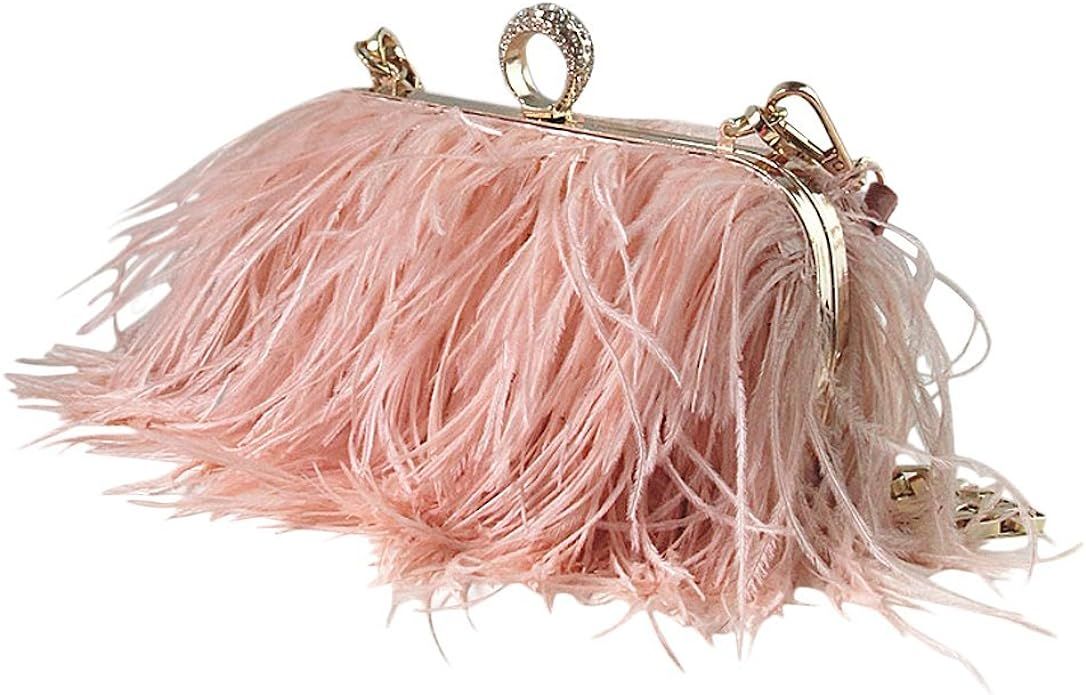 Zakia Real Natural Ostrich Feather Evening Clutch Shoulder Bag Party Bag (A-Pink): Handbags: Amaz... | Amazon (US)