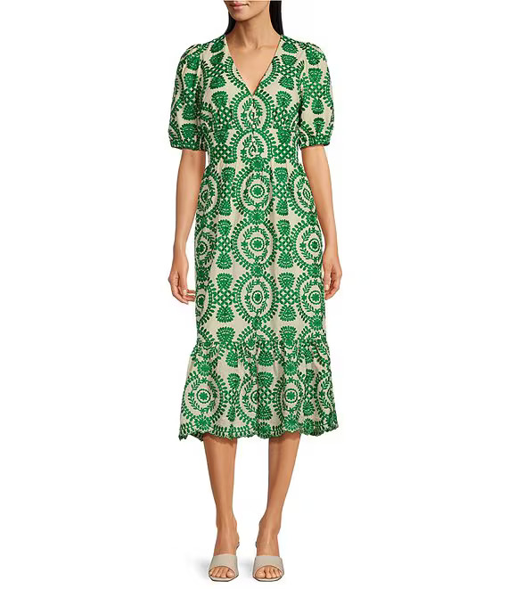 Adelyn Rae Eyelet Embroidered Puff Short Sleeve V-Neck Midi Dress | Dillard's | Dillard's