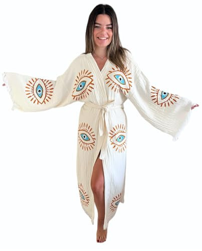 Handmade Evil Eye Kimono - Women Beach Cover Up - Festival Bohemian Robe - Boho Cotton Cardigan -... | Amazon (US)