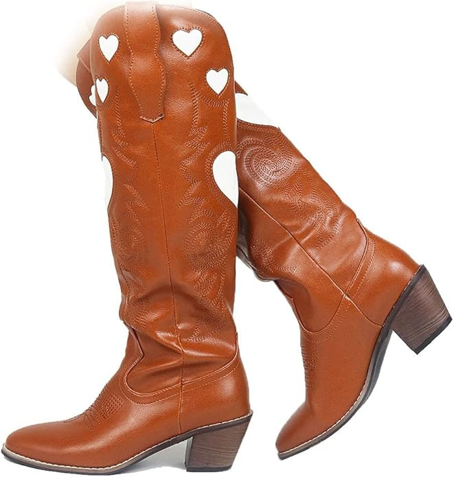 Womens Mid Calf Boots Chunky Heel Cute Heart Cowgirl Cowboy Colorful Western Cosplay Party Boots | Amazon (US)