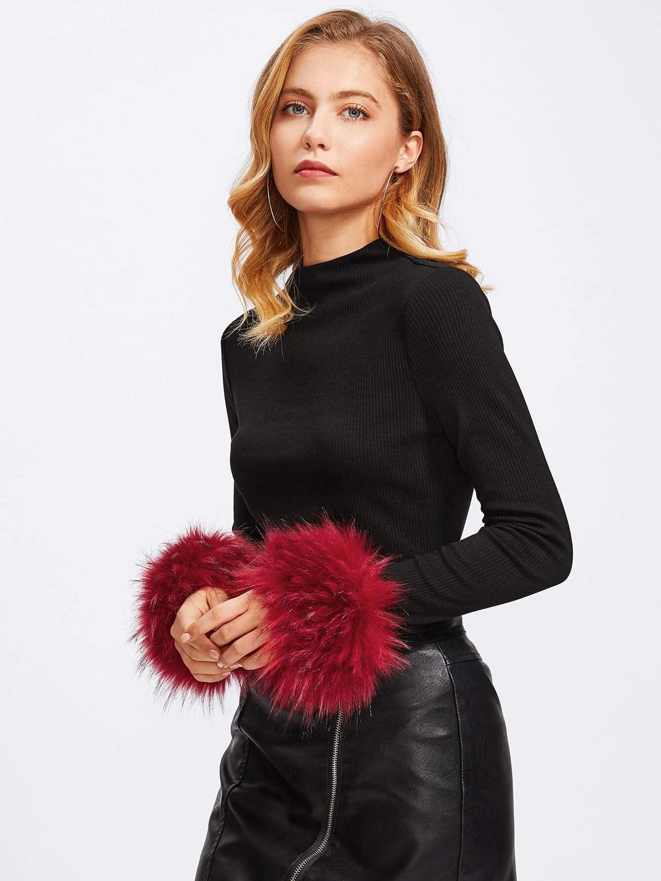 Contrast Faux Fur Cuff Ribbed Tee | ROMWE