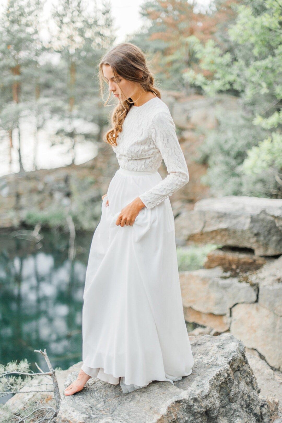 Wedding Dress With High-neck Bodice and Long Lace Sleeve - Etsy | Etsy (US)