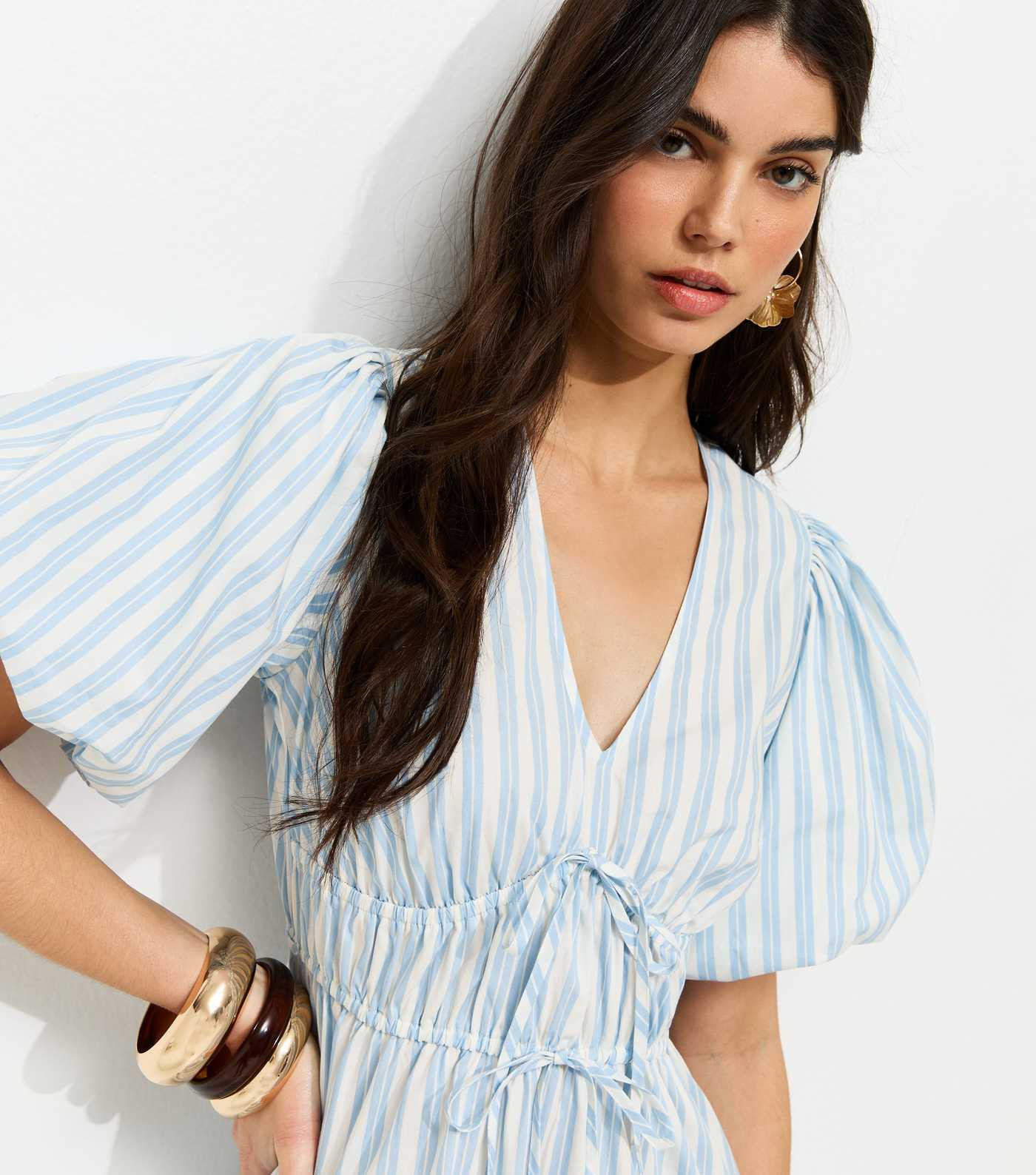 Blue Striped Puff Sleeve Midi Dress | New Look | New Look (UK)