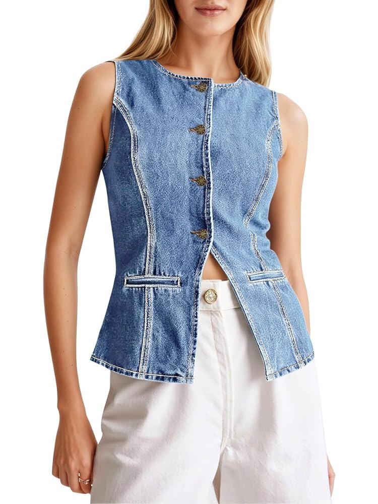Tankaneo Womens Button Down Denim Vest Trendy Fitted Sleeveless Jean Tank Tops Crew Neck Waistcoa... | Amazon (US)