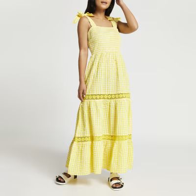 Petite yellow gingham lace trim maxi dress | River Island (UK & IE)